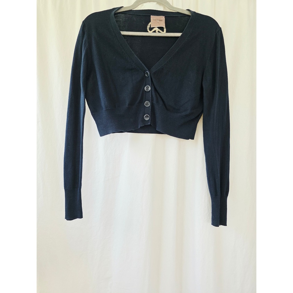Line of Oslo Navy Blue Cropped Cardigan Peace Sign Cotton Sweater S - Picture 3 of 9